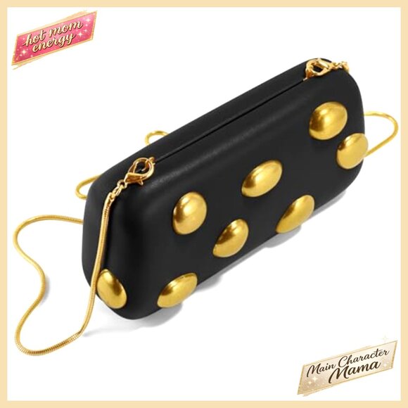 Elegant PU Leather Clutch with Gold Studs, Chain Strap, Slim Evening Bag - Picture 4 of 7